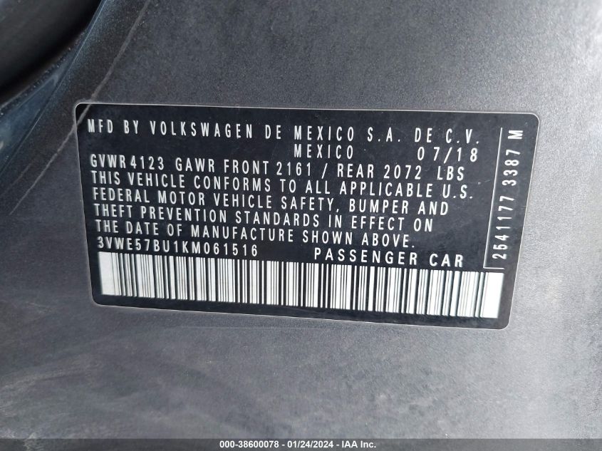 2019 VOLKSWAGEN JETTA 1.4T SEL - 3VWE57BU1KM061516