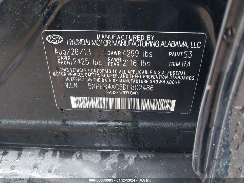 2013 HYUNDAI SONATA GLS - 5NPEB4AC5DH802486