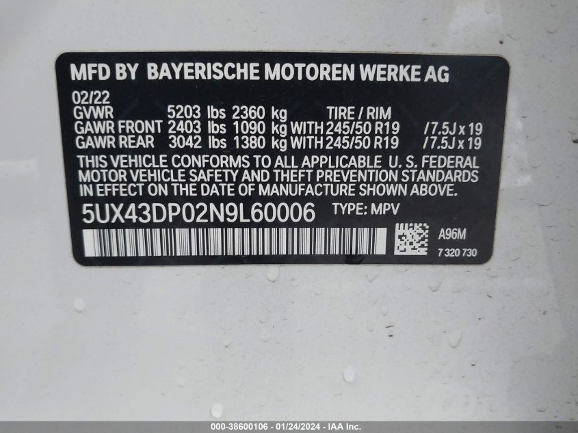 2022 BMW X3 SDRIVE30I - 5UX43DP02N9L60006