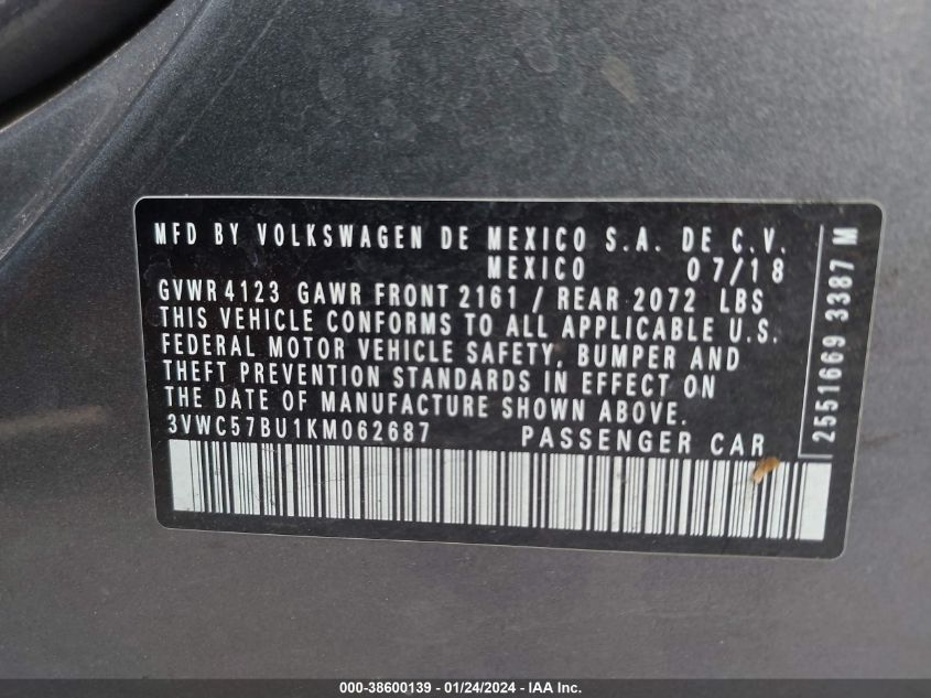 2019 VOLKSWAGEN JETTA 1.4T R-LINE/1.4T S/1.4T SE - 3VWC57BU1KM062687