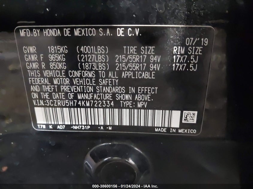 VIN 3CZRU5H74KM722334 2019 HONDA HR-V EX-L
