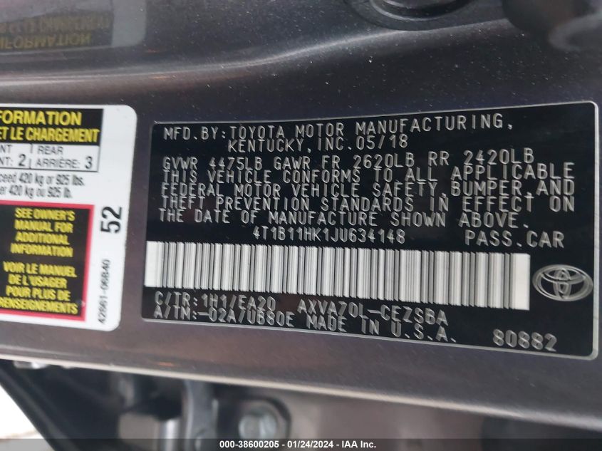 2018 TOYOTA CAMRY SE - 4T1B11HK1JU634148