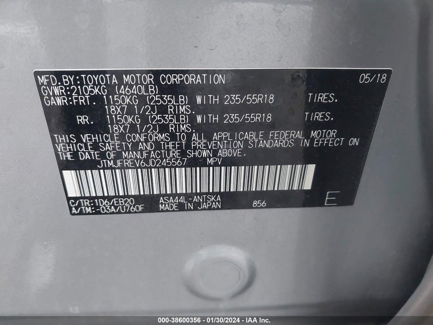 VIN JTMJFREV6JD245567 2018 TOYOTA RAV4 SE