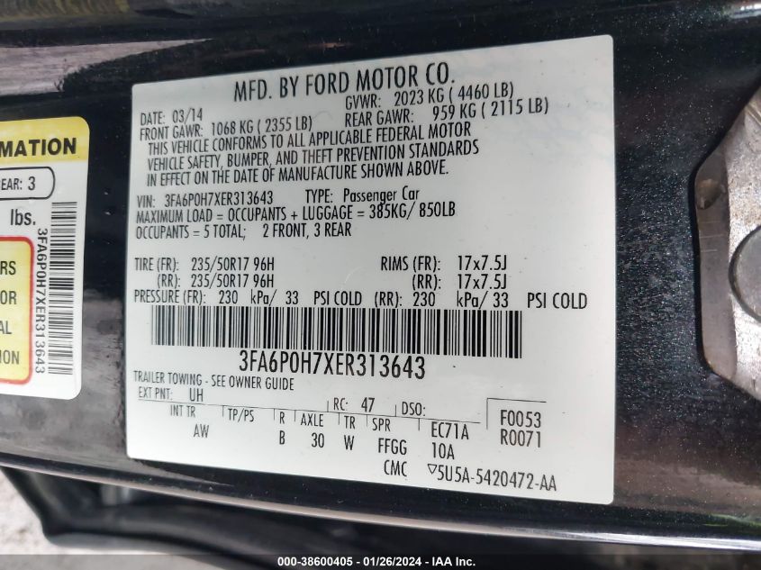 2014 FORD FUSION SE - 3FA6P0H7XER313643