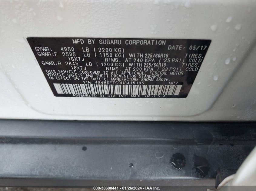 2017 SUBARU OUTBACK 3.6R TOURING - 4S4BSETC0H3415105
