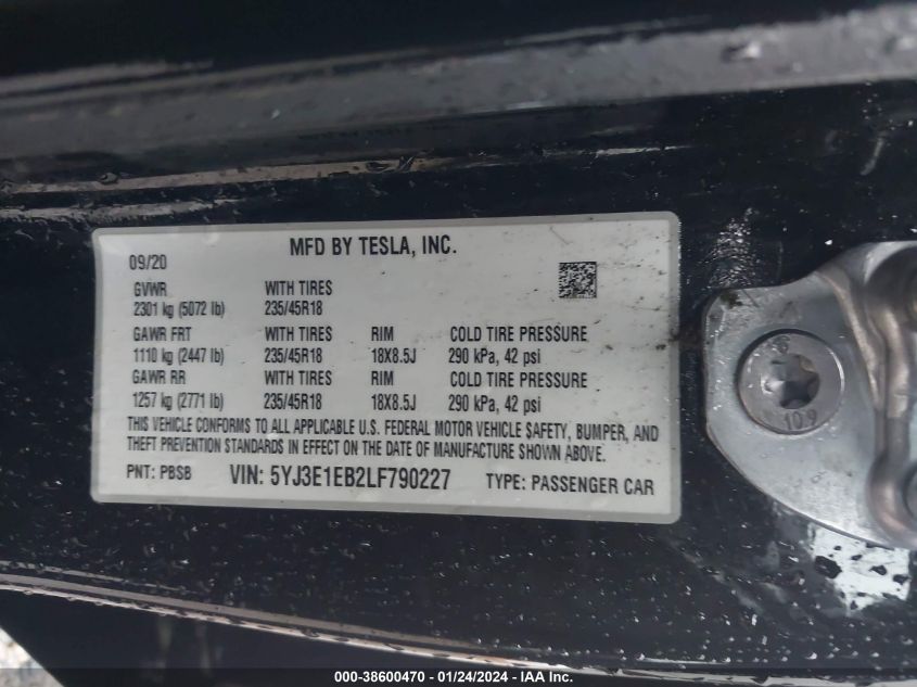 2020 TESLA MODEL 3 LONG RANGE DUAL MOTOR ALL-WHEEL DRIVE - 5YJ3E1EB2LF790227