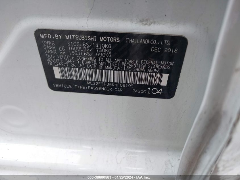 2019 MITSUBISHI MIRAGE G4 ES - ML32F3FJ5KHF09195