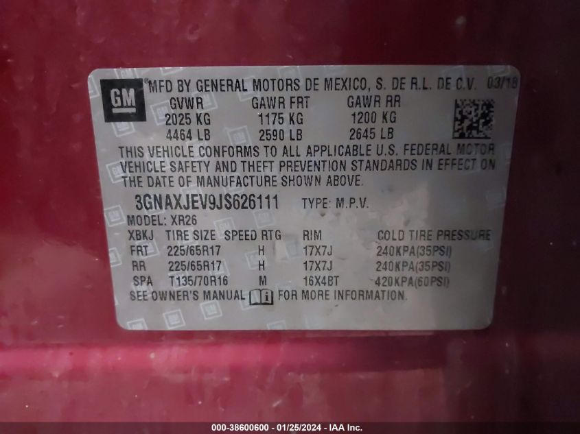 2018 CHEVROLET EQUINOX LT - 3GNAXJEV9JS626111