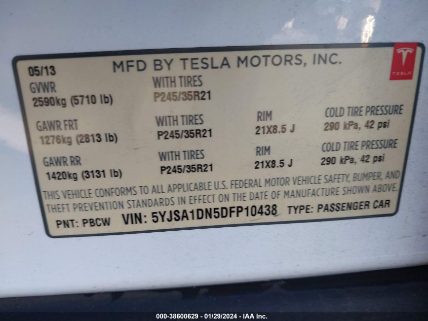 2013 TESLA MODEL S - 5YJSA1DN5DFP10438