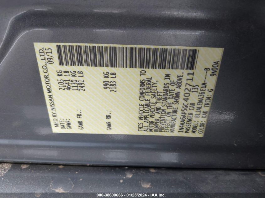 2016 NISSAN MAXIMA 3.5S/SV/SL/SR/PLAT - 1N4AA6AP5GC402711