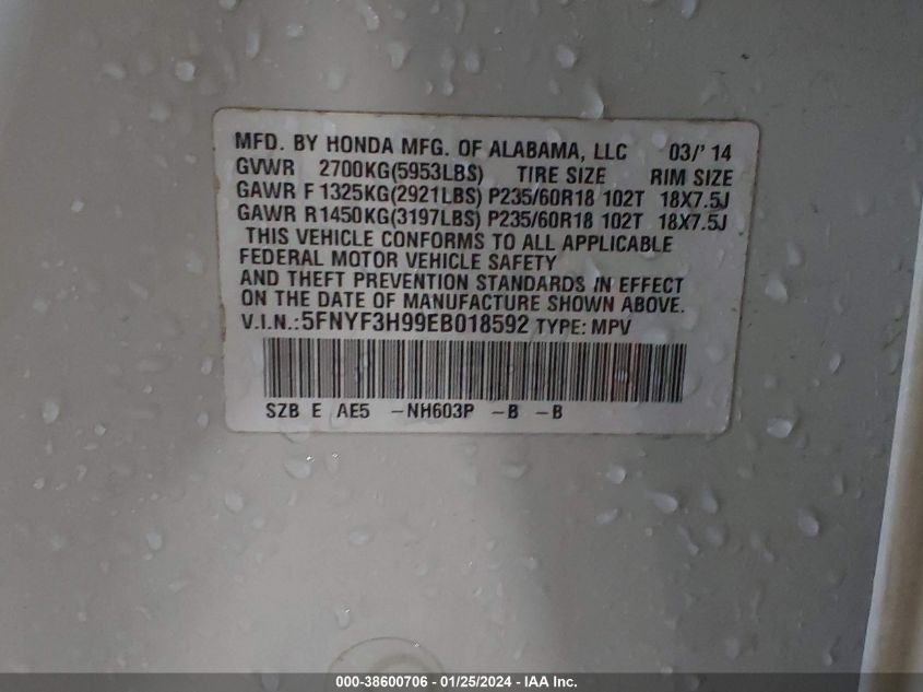2014 HONDA PILOT TOURING - 5FNYF3H99EB018592
