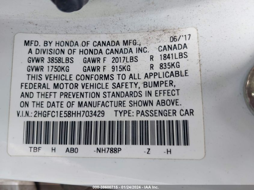 2017 HONDA CIVIC SI - 2HGFC1E58HH703429