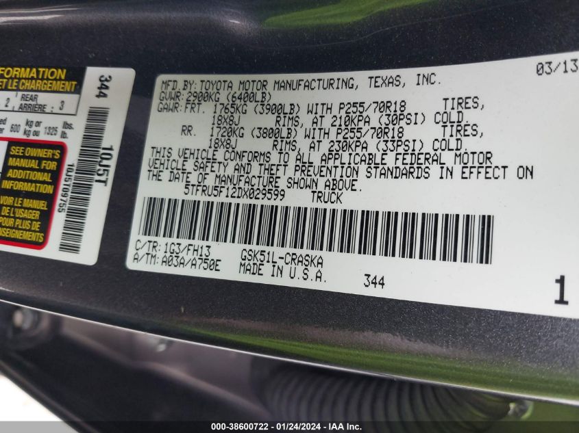 2013 TOYOTA TUNDRA GRADE V6 - 5TFRU5F12DX029599