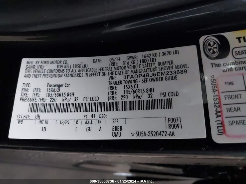 2014 FORD FIESTA SE - 3FADP4BJ6EM233689