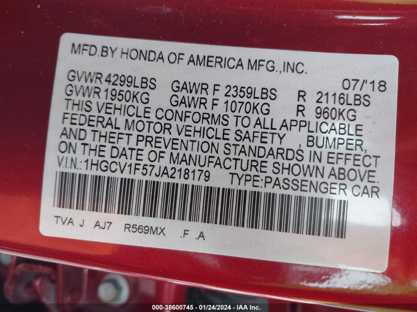 2018 HONDA ACCORD EX-L - 1HGCV1F57JA218179