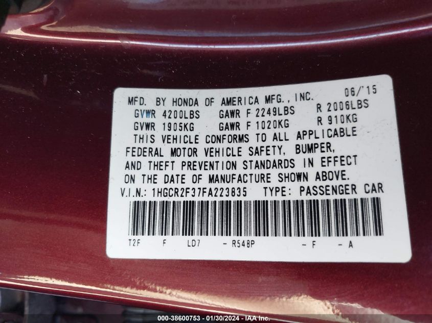 2015 HONDA ACCORD LX - 1HGCR2F37FA223835