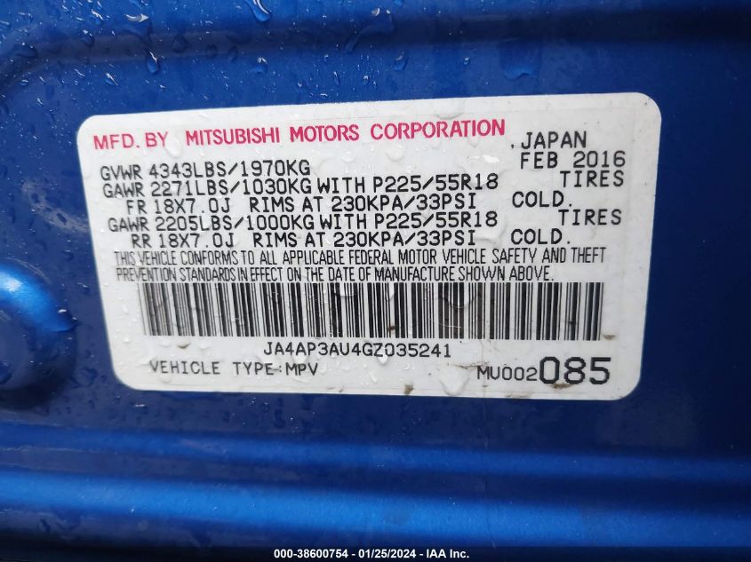 2016 MITSUBISHI OUTLANDER SPORT 2.0 ES - JA4AP3AU4GZ035241