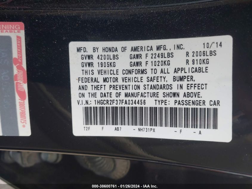 2015 HONDA ACCORD LX - 1HGCR2F37FA034456