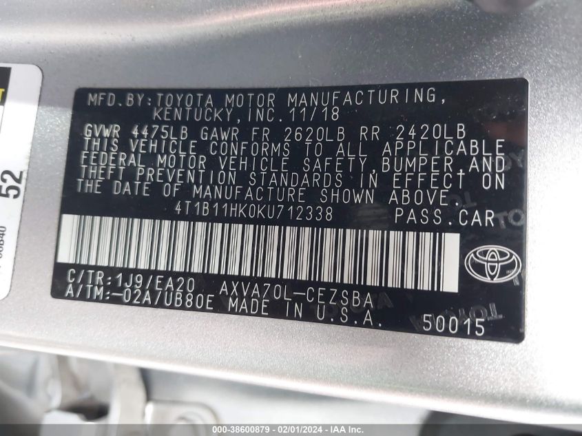 2019 TOYOTA CAMRY SE - 4T1B11HK0KU712338