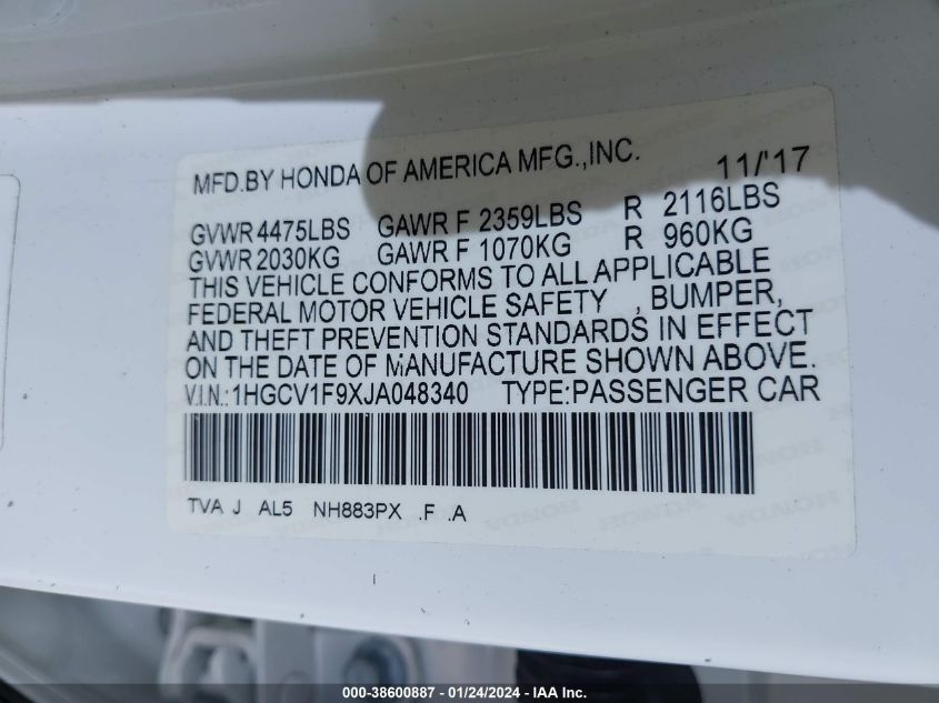 2018 HONDA ACCORD TOURING - 1HGCV1F9XJA048340
