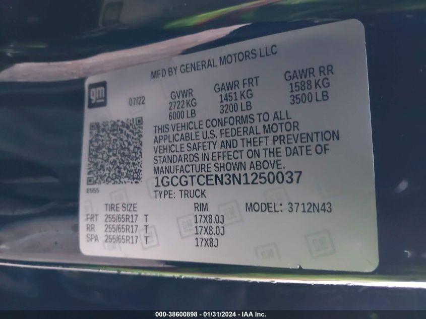 2022 CHEVROLET COLORADO 4WD  SHORT BOX LT - 1GCGTCEN3N1250037
