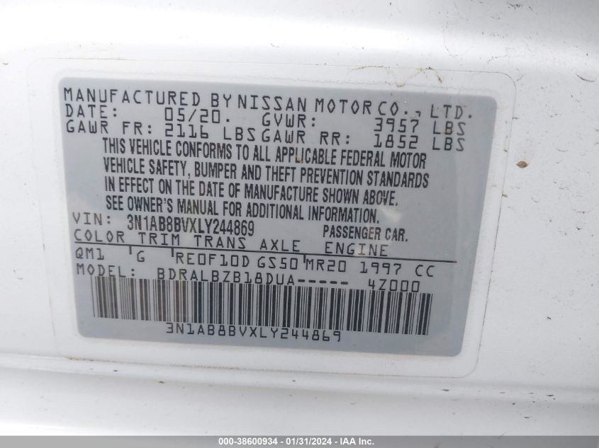 2020 NISSAN SENTRA S XTRONIC CVT - 3N1AB8BVXLY244869