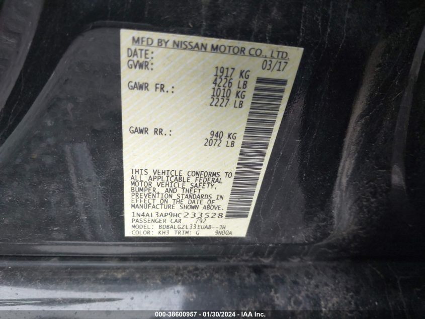2017 NISSAN ALTIMA 2.5/S/SV/SL/SR - 1N4AL3AP9HC233528