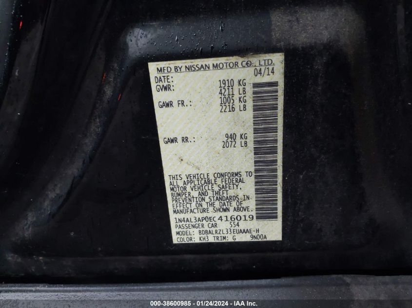 2014 NISSAN ALTIMA 2.5 S - 1N4AL3AP0EC416019