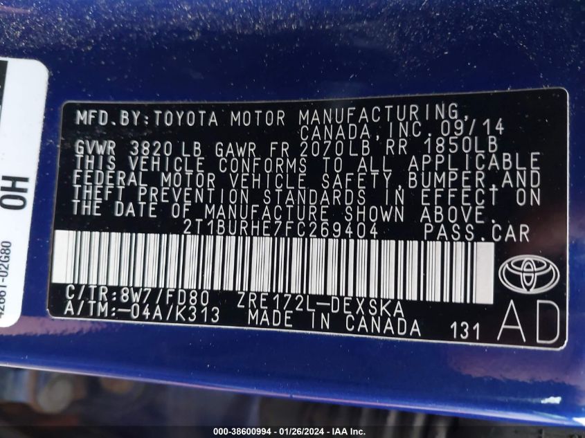 2015 TOYOTA COROLLA S PLUS - 2T1BURHE7FC269404
