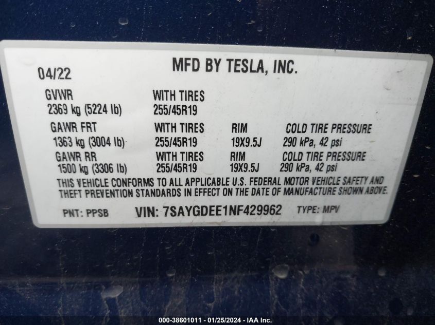 2022 TESLA MODEL Y - 7SAYGDEE1NF429962