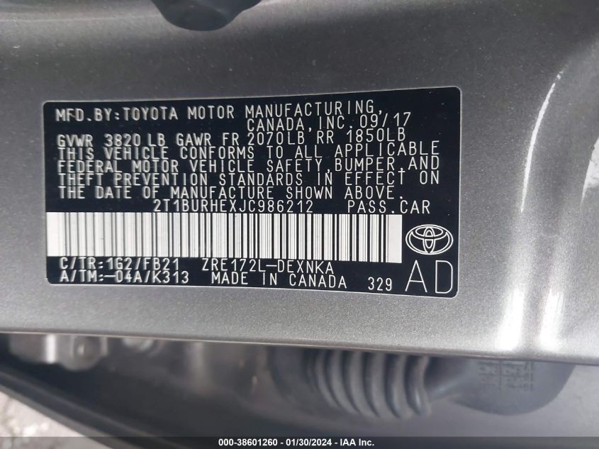 2018 TOYOTA COROLLA L/LE/XLE/SE/XSE - 2T1BURHEXJC986212