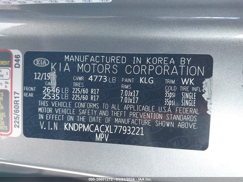 VIN KNDPMCACXL7793221 2020 KIA SPORTAGE LX