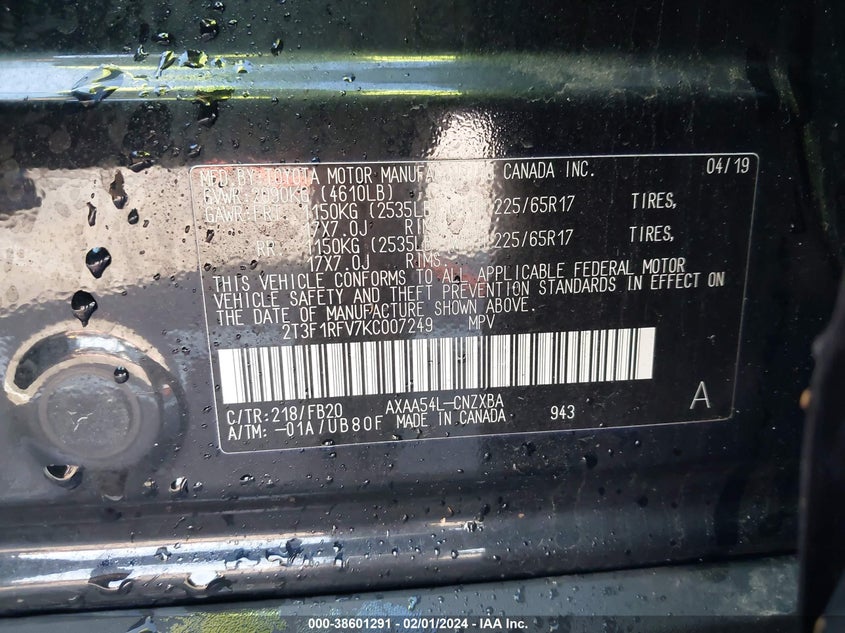 VIN 2T3F1RFV7KC007249 2019 TOYOTA RAV4 LE