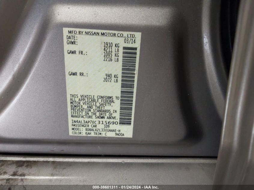 2014 NISSAN ALTIMA 2.5 SL - 1N4AL3AP7EC315690