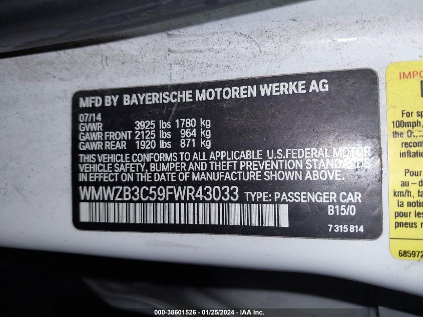2015 MINI COUNTRYMAN COUNTRYMAN - WMWZB3C59FWR43033