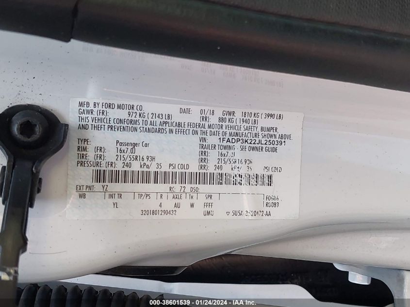 2018 FORD FOCUS SE - 1FADP3K22JL250391