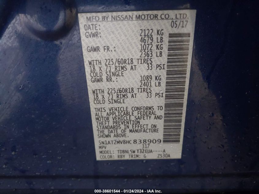 2017 NISSAN ROGUE SL - 5N1AT2MV8HC838909