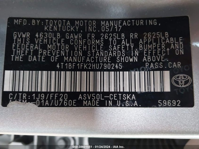 2017 TOYOTA CAMRY SE - 4T1BF1FK2HU790245