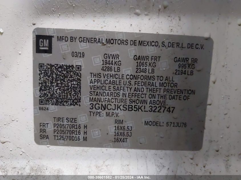 2019 CHEVROLET TRAX LS - 3GNCJKSB5KL322747