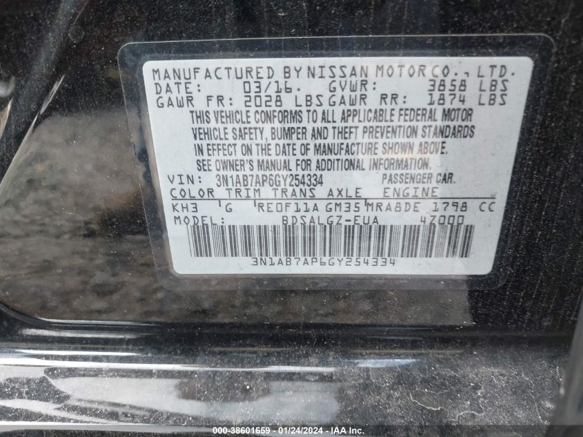 2016 NISSAN SENTRA SL - 3N1AB7AP6GY254334