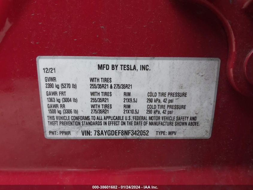 2022 TESLA MODEL Y PERFORMANCE DUAL MOTOR ALL-WHEEL DRIVE - 7SAYGDEF8NF342052