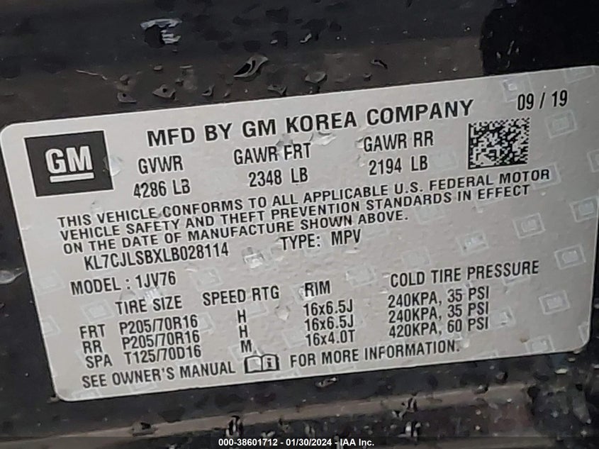 VIN KL7CJLSBXLB028114 2020 CHEVROLET TRAX FWD LT