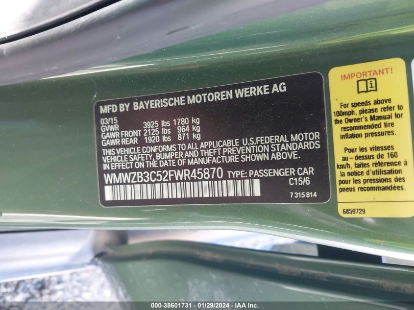 2015 MINI COUNTRYMAN COOPER - WMWZB3C52FWR45870