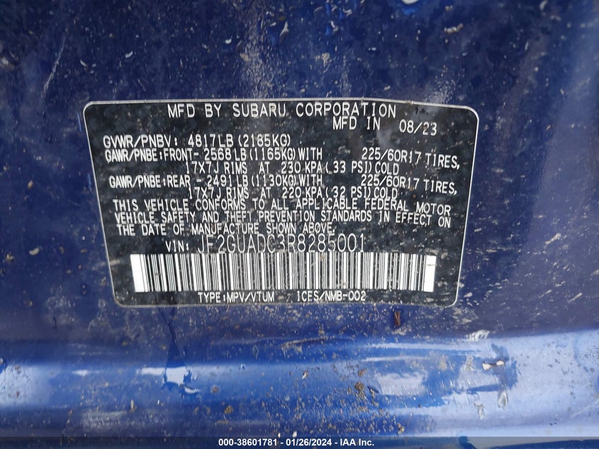 VIN JF2GUADC3R8285001 2024 SUBARU CROSSTREK PREMIUM