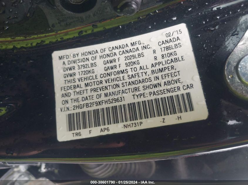 2015 HONDA CIVIC EXL - 2HGFB2F9XFH529631