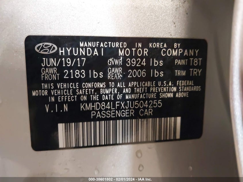 VIN KMHD84LFXJU504255 2018 HYUNDAI ELANTRA SEL/VALUE/LIMITED