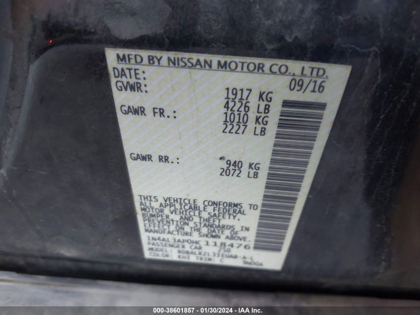 2017 NISSAN ALTIMA 2.5/S/SV/SL/SR - 1N4AL3AP0HC118476