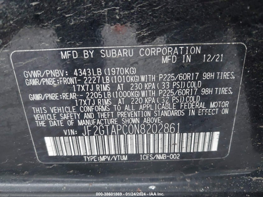 VIN JF2GTAPC0N8202861 2022 SUBARU CROSSTREK PREMIUM