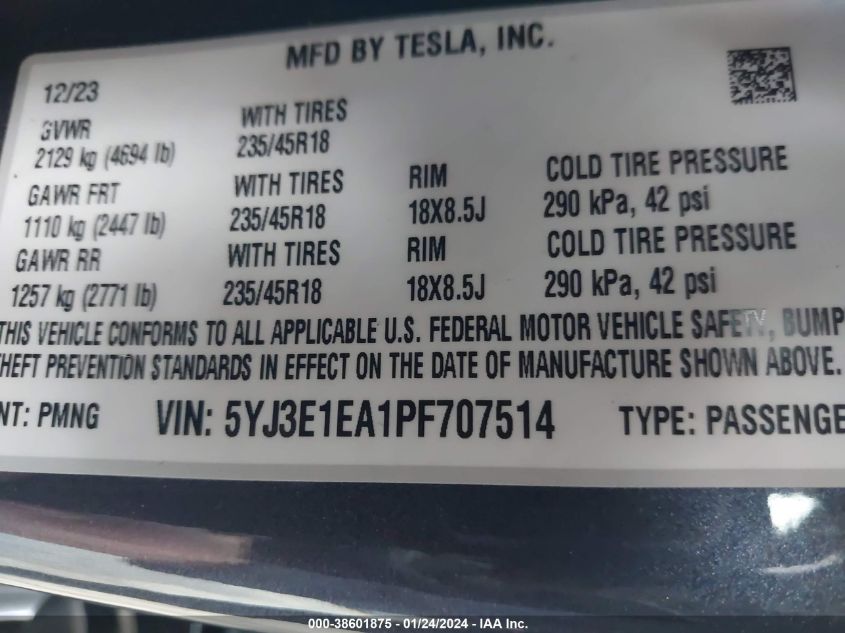 2023 TESLA MODEL 3 REAR-WHEEL DRIVE - 5YJ3E1EA1PF707514