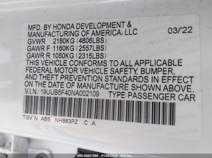 2022 ACURA TLX TECHNOLOGY PACKAGE - 19UUB5F40NA002109